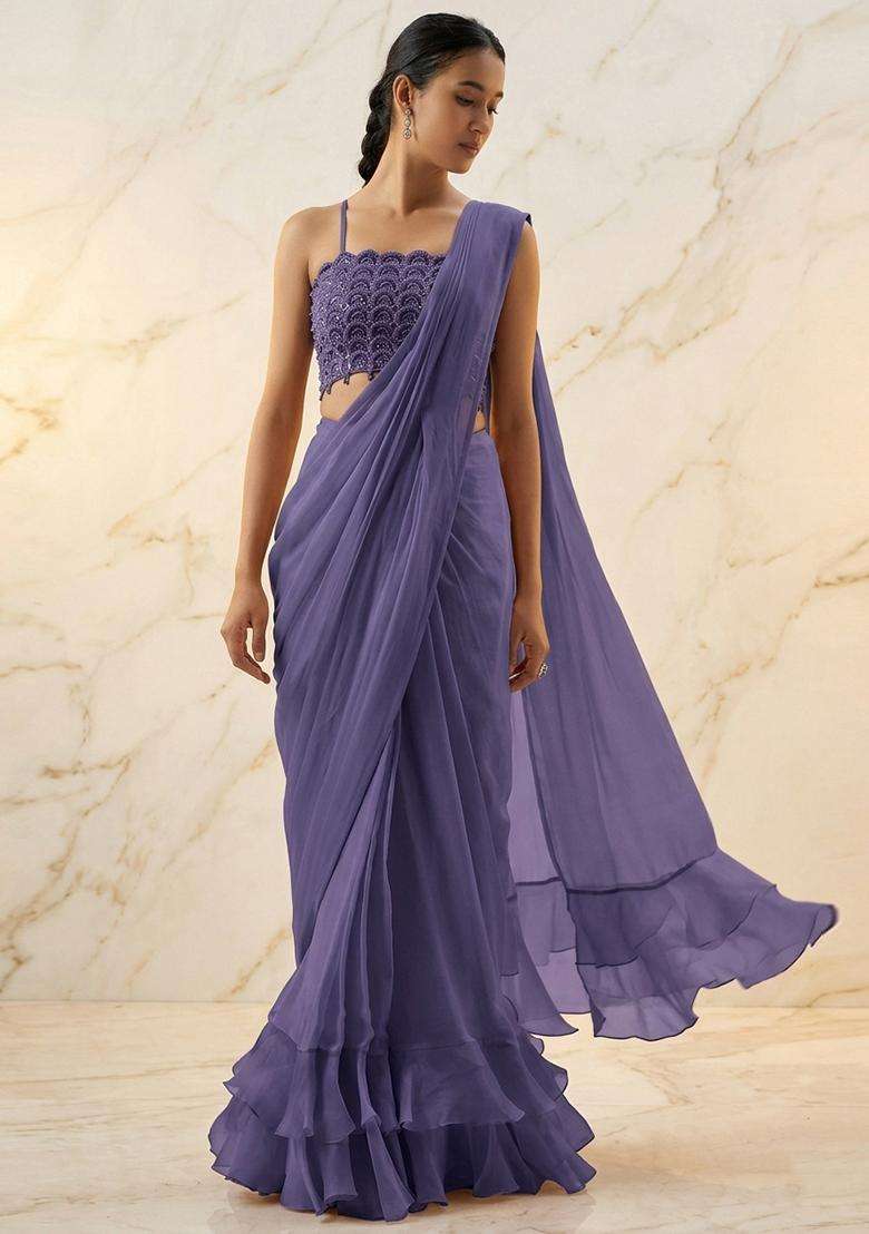 Purple Embroidered Handwork Pre Draped Saree Set - Indya