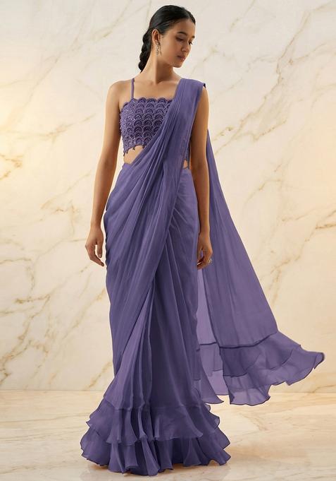 Purple Embroidered Handwork Pre Draped Saree Set