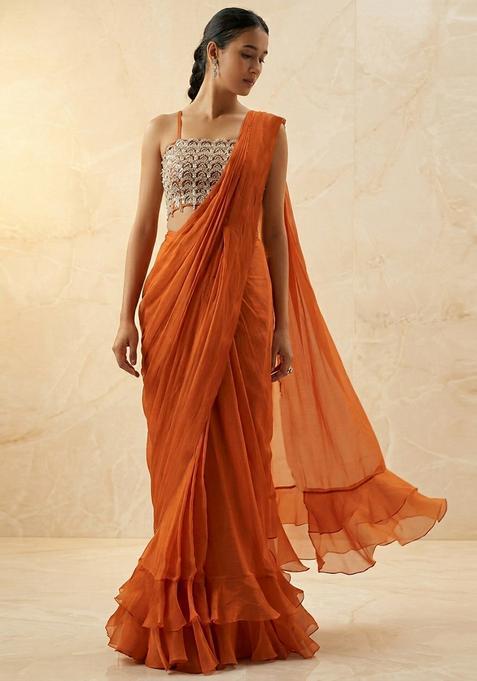 Rust Embroidered Handwork Pre Draped Saree Set