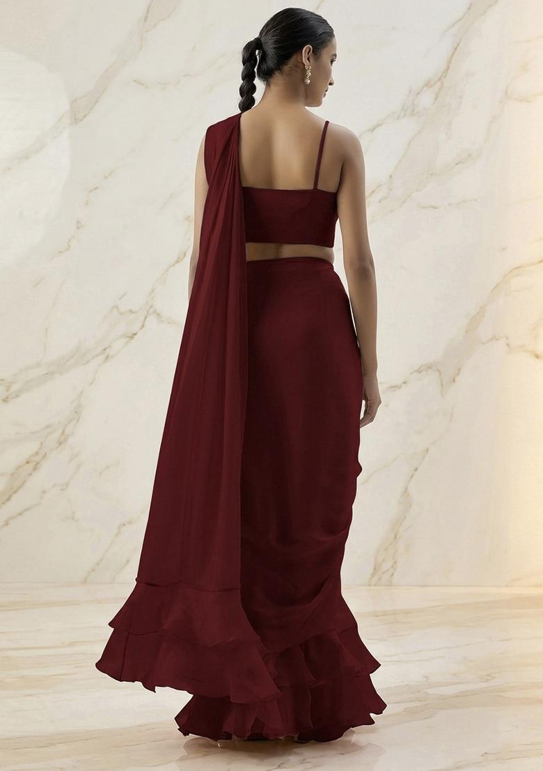 Wine Embroidered Handwork Pre Draped Saree Set - Indya