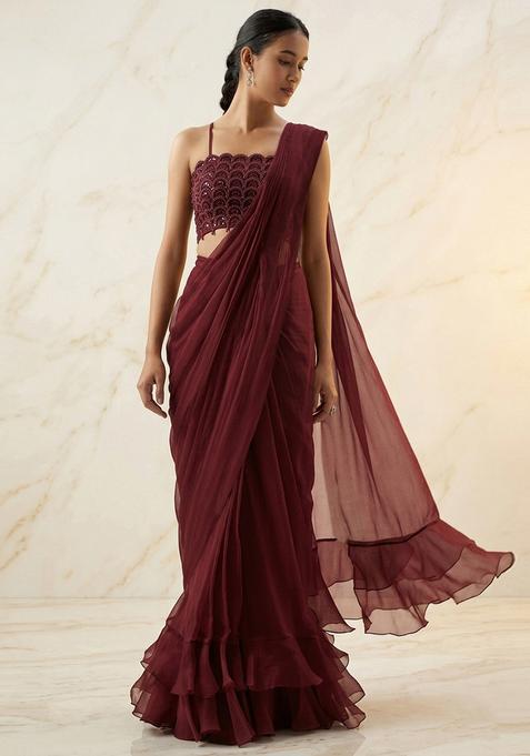 Wine Embroidered Handwork Pre Draped Saree Set