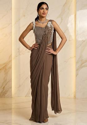 Beige Embroidered Handwork Pre Draped Saree Set