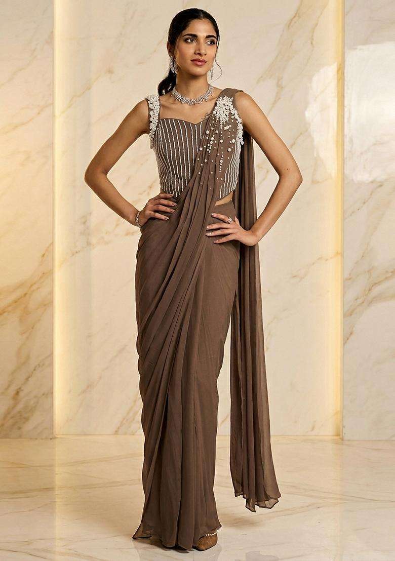 Beige Embroidered Handwork Pre Draped Saree Set - Indya