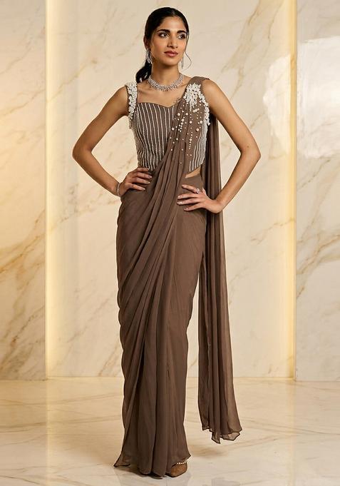 Beige Embroidered Handwork Pre Draped Saree Set