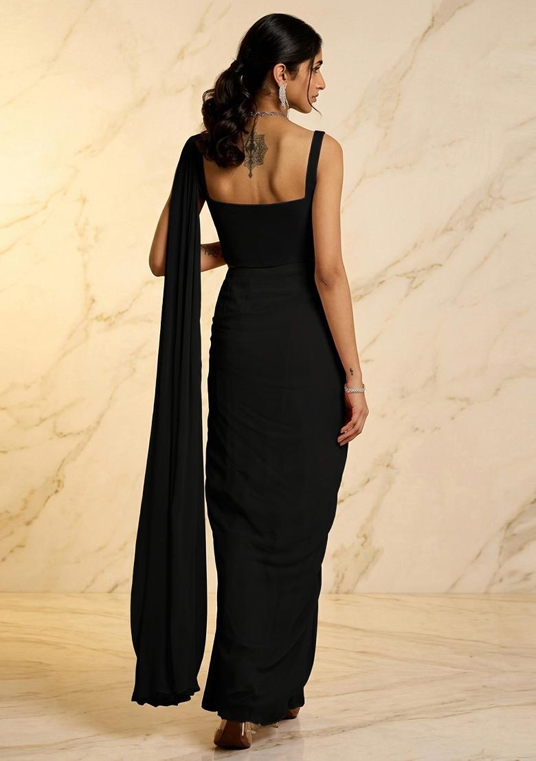 Black Embroidered Handwork Pre Draped Saree Set - Indya