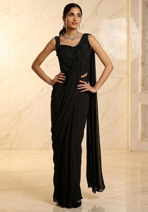 Black Embroidered Handwork Pre Draped Saree Set