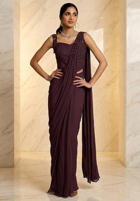 Deep Plum Embroidered Handwork Pre Draped Saree Set