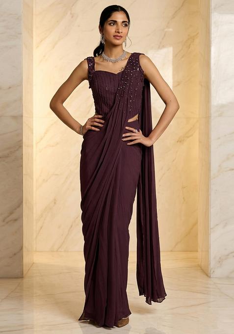 Deep Plum Embroidered Handwork Pre Draped Saree Set
