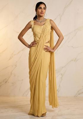 Gold Embroidered Handwork Pre Draped Saree Set
