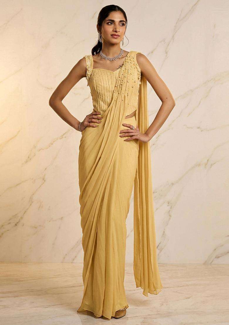 Gold Embroidered Handwork Pre Draped Saree Set - Indya