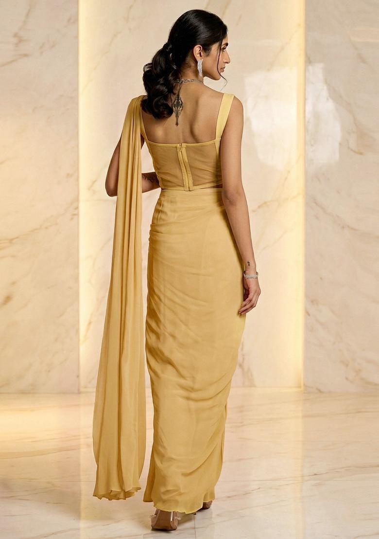 Gold Embroidered Handwork Pre Draped Saree Set - Indya