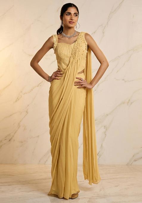 Gold Embroidered Handwork Pre Draped Saree Set