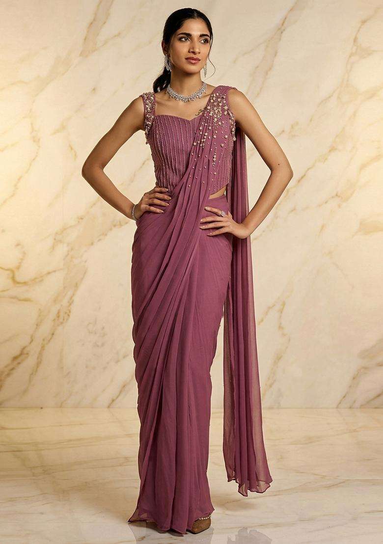 Mauve Embroidered Handwork Pre Draped Saree Set - Indya