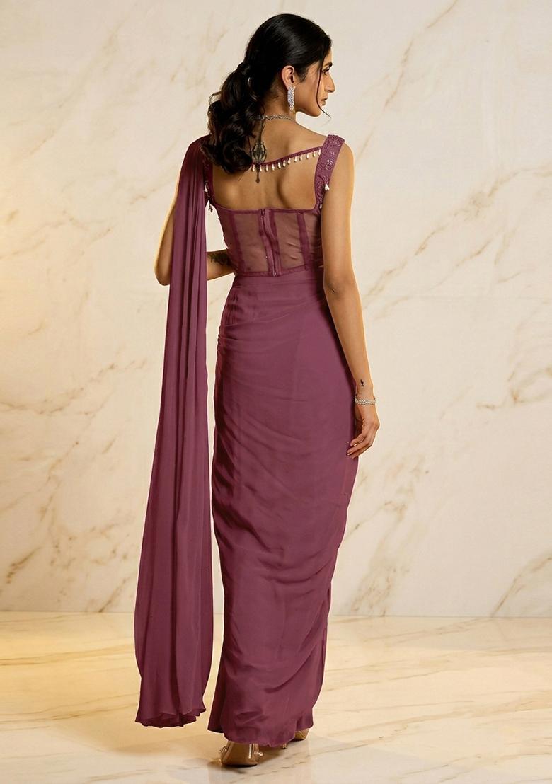 Mauve Embroidered Handwork Pre Draped Saree Set - Indya