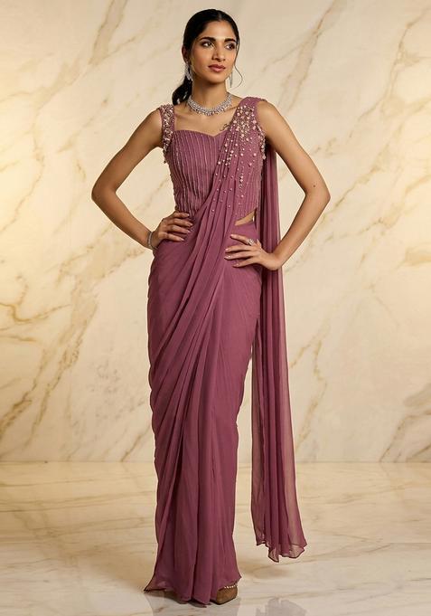 Mauve Embroidered Handwork Pre Draped Saree Set