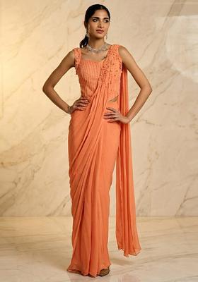 Peach Embroidered Handwork Pre Draped Saree Set