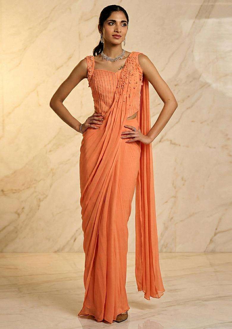 Peach Embroidered Handwork Pre Draped Saree Set - Indya