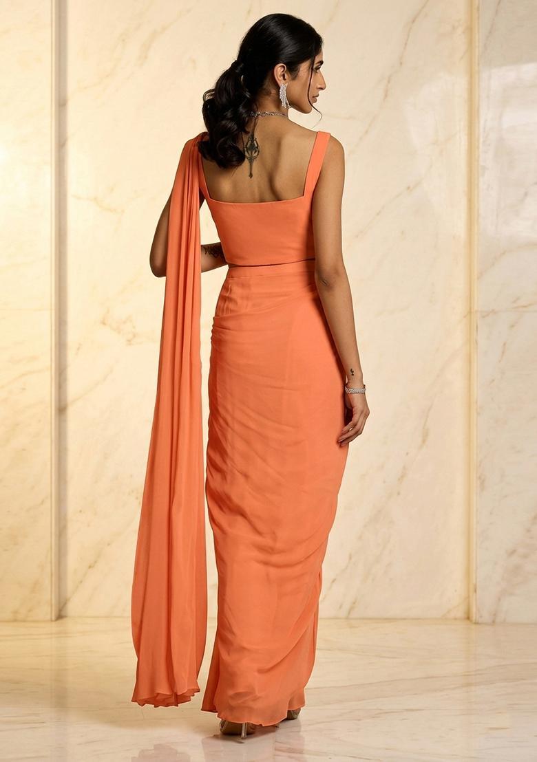 Peach Embroidered Handwork Pre Draped Saree Set - Indya