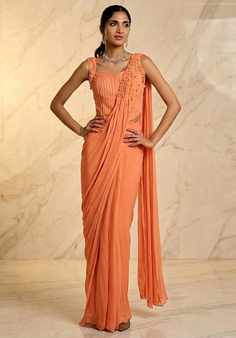 Peach Embroidered Handwork Pre Draped Saree Set
