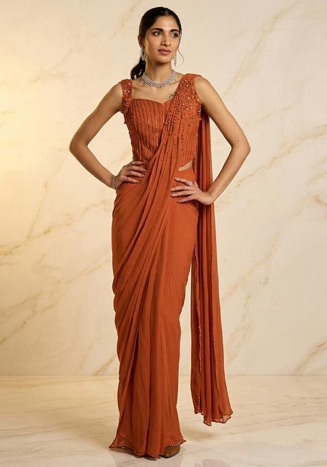 Rust Embroidered Handwork Pre Draped Saree Set