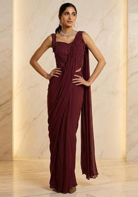 Wine Embroidered Handwork Pre Draped Saree Set