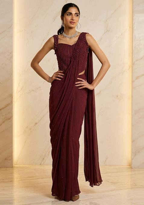 Wine Embroidered Handwork Pre Draped Saree Set