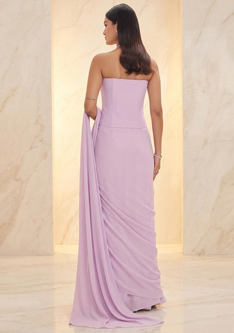 Lilac Embroidered Handwork Pre Draped Saree Set - Indya