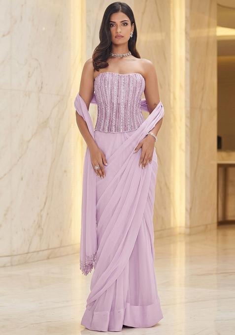 Lilac Embroidered Handwork Pre Draped Saree Set