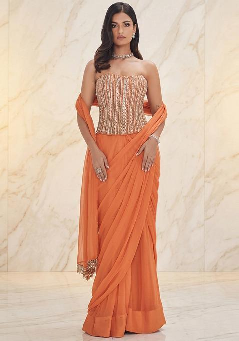 Orange Embroidered Handwork Pre Draped Saree Set