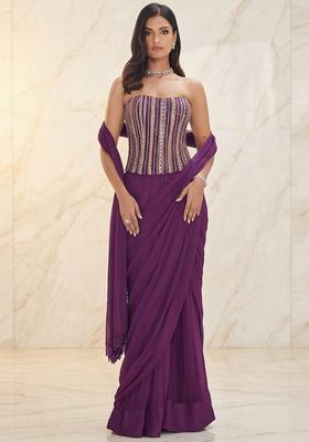 Purple Embroidered Handwork Pre Draped Saree Set