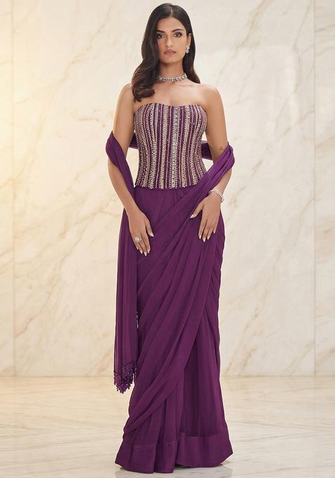 Purple Embroidered Handwork Pre Draped Saree Set