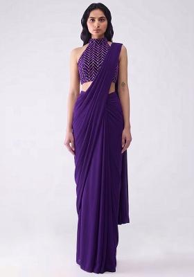 Purple Silk Blend Pre Draped Saree Set