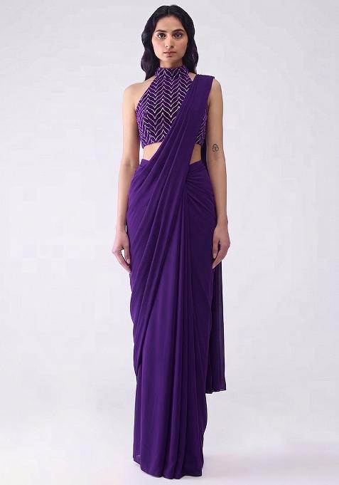 Purple Silk Pre Draped Saree Set