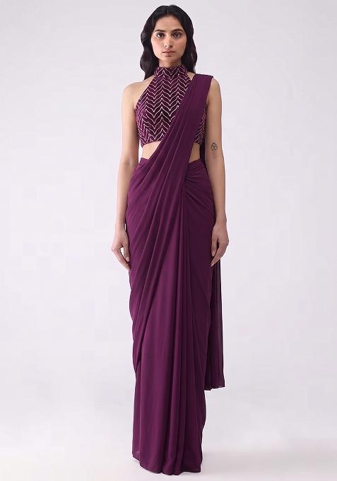 Wine Silk Pre Draped Saree Set