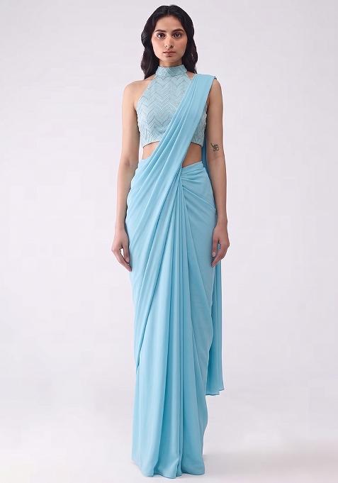 Blue Silk Pre Draped Saree Set
