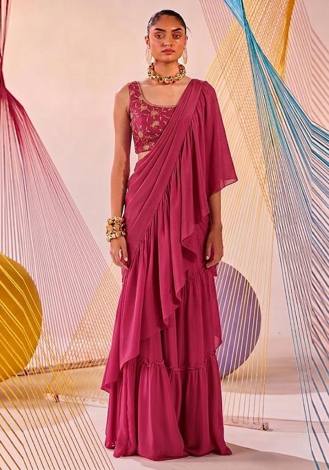 Pink Embroidered Tissue Pre Draped Saree Set