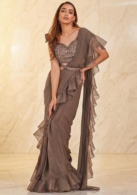 Beige Embroidered Handwork Pre Draped Saree Set