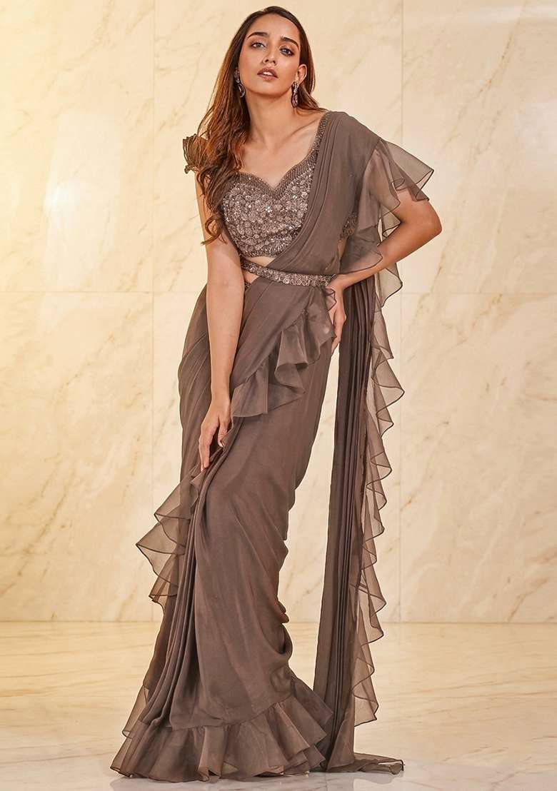 Beige Embroidered Handwork Pre Draped Saree Set - Indya
