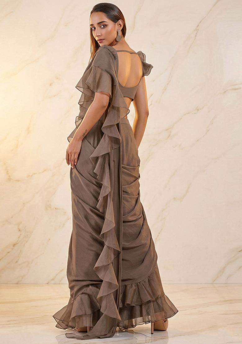 Beige Embroidered Handwork Pre Draped Saree Set - Indya