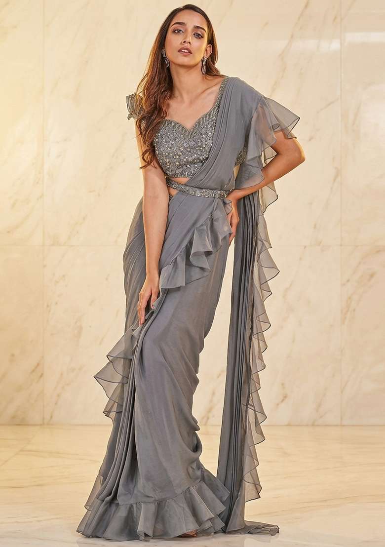 Grey Embroidered Handwork Pre Draped Saree Set - Indya