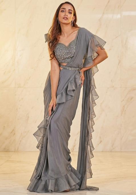 Grey Embroidered Handwork Pre Draped Saree Set