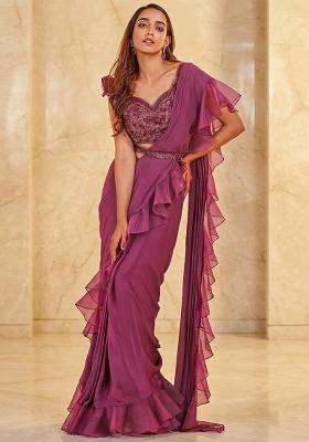 Mauve Embroidered Handwork Pre Draped Saree Set
