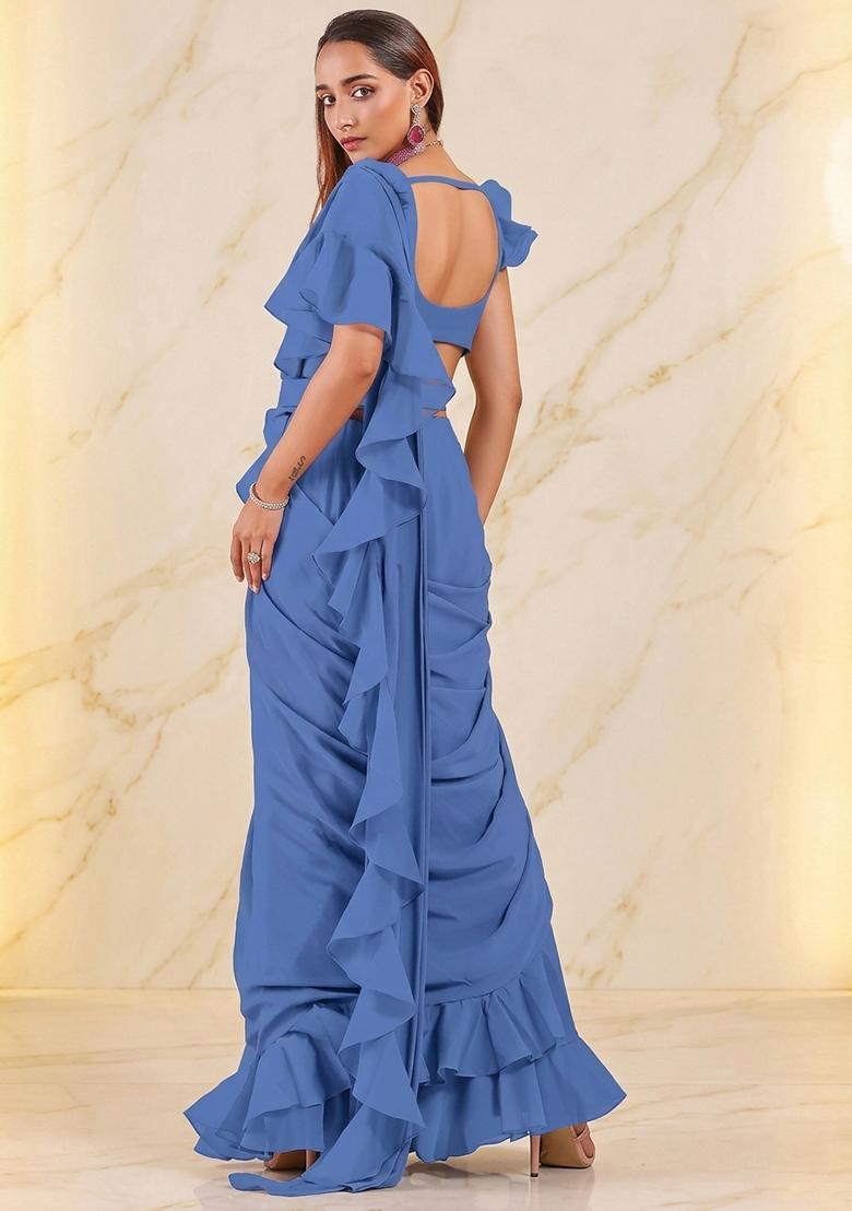 Powder Blue Embroidered Handwork Pre Draped Saree Set - Indya