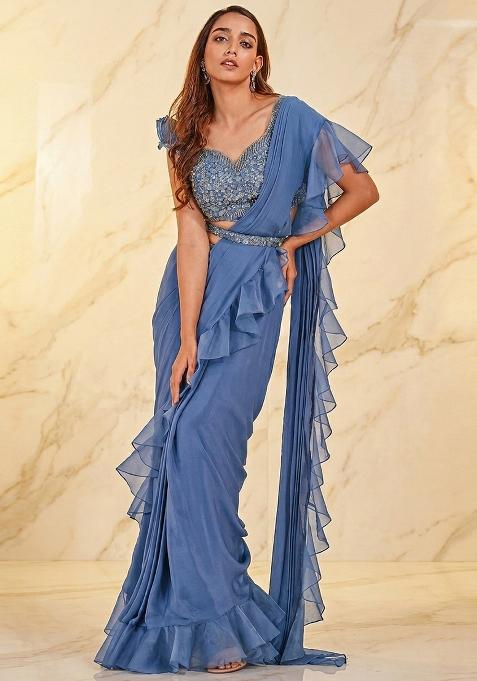 Powder Blue Embroidered Handwork Pre Draped Saree Set