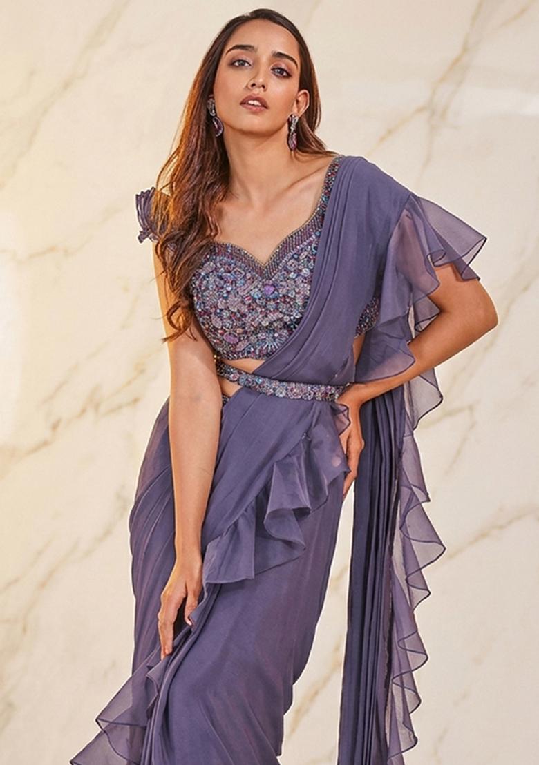 Purple Embroidered Handwork Pre Draped Saree Set - Indya