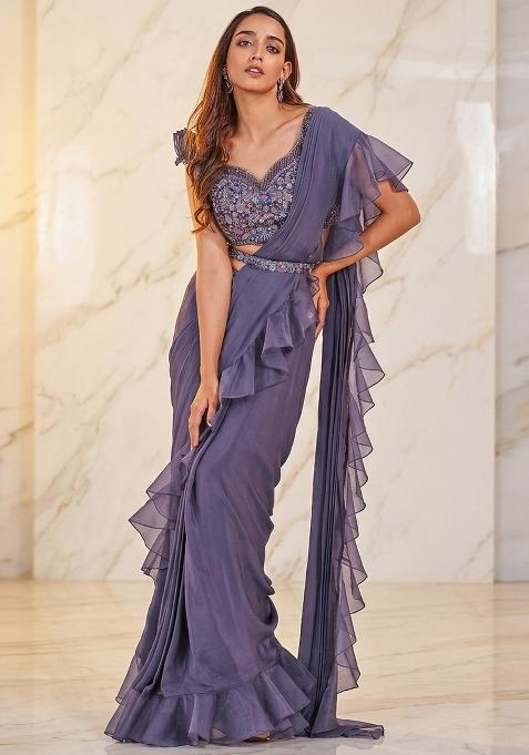 Purple Embroidered Handwork Pre Draped Saree Set