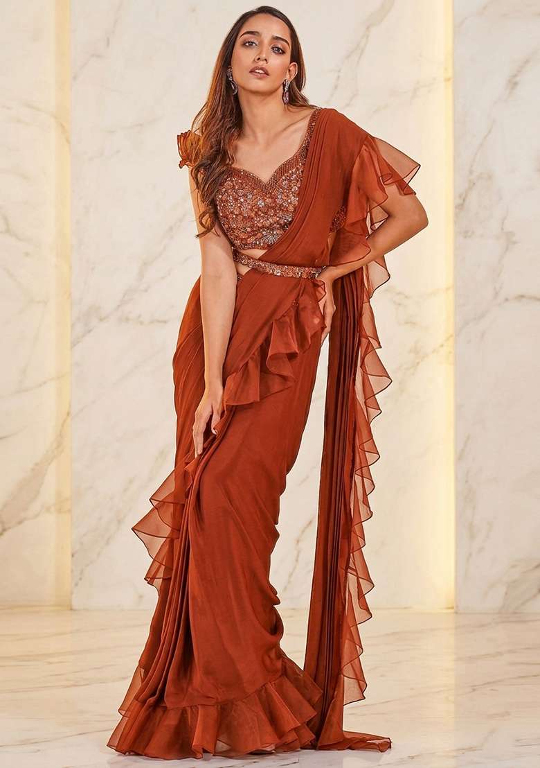 Rust Embroidered Handwork Pre Draped Saree Set - Indya
