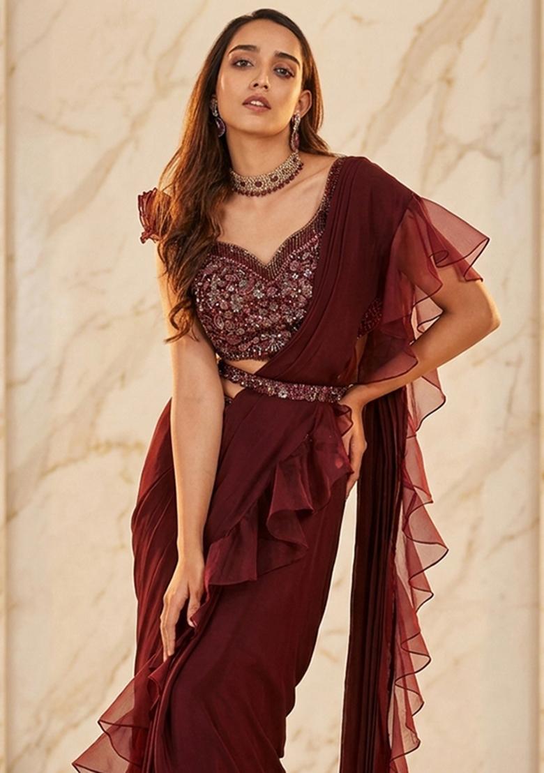 Wine Embroidered Handwork Pre Draped Saree Set - Indya