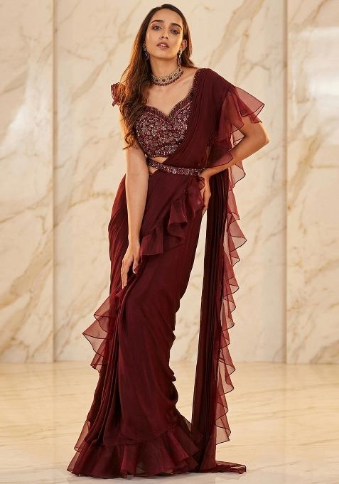 Wine Embroidered Handwork Pre Draped Saree Set