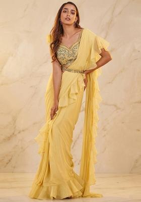 Yellow Embroidered Handwork Pre Draped Saree Set